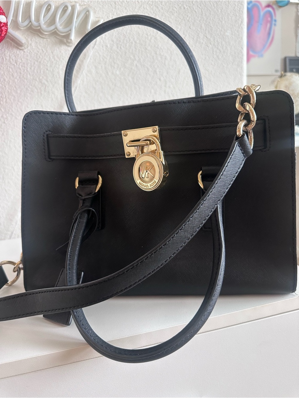 Michael Kors Black Leather Satchel with Gold Hardware and MK Lock